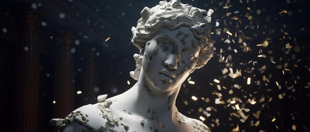 La testa della statua greca antica rotta che cade a pezzi monitora l'IA generativa