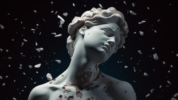 La testa della statua greca antica rotta che cade a pezzi monitora l'IA generativa