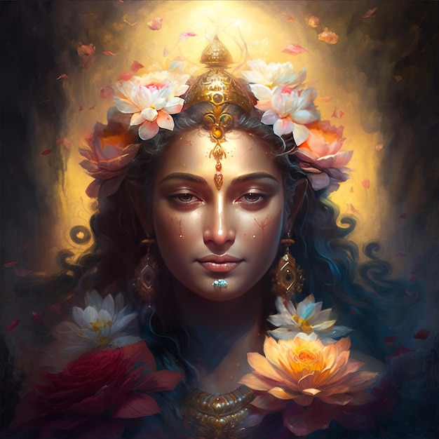 La testa di lakshmi della dea indù dell'india si trasforma in AI generativa di fiori