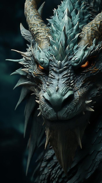 La testa di un drago verde malvagio con uno sguardo di fuoco su uno sfondo scuro il simbolo del 2024