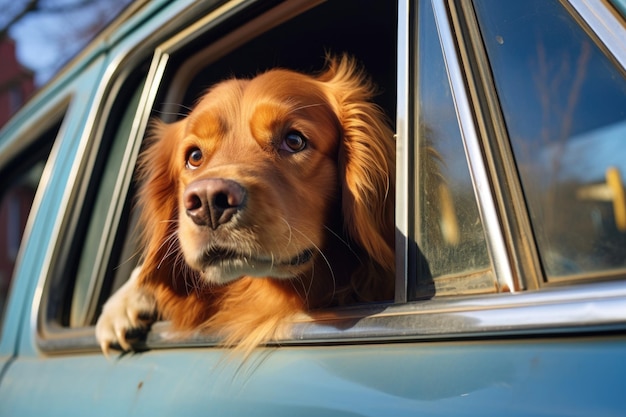 La testa di un golden retriever spunta dal finestrino di un'auto d'epoca