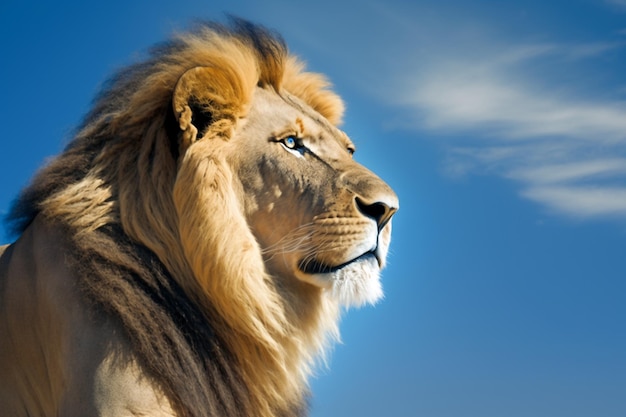 La testa di un leone è mostrata contro un cielo blu.