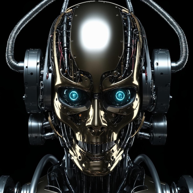 La testa di un robot umanoide con un cranio di metallo su uno sfondo nero