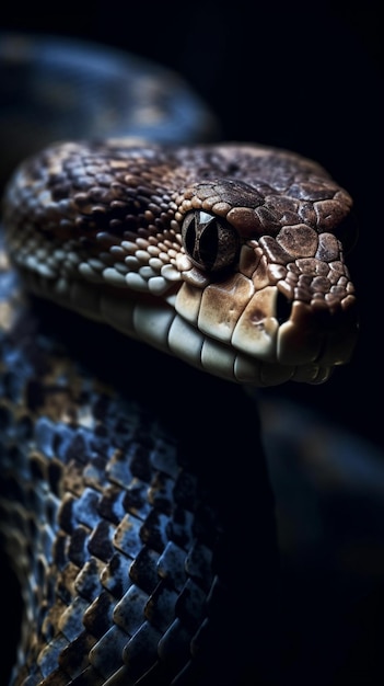 La testa di un serpente è vista in una stanza buia.