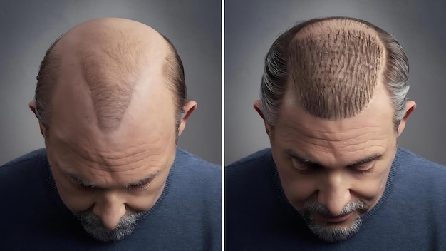 La testa di un uomo calvo prima e dopo l'intervento di trapianto di capelli un uomo che perde i capelli è diventato