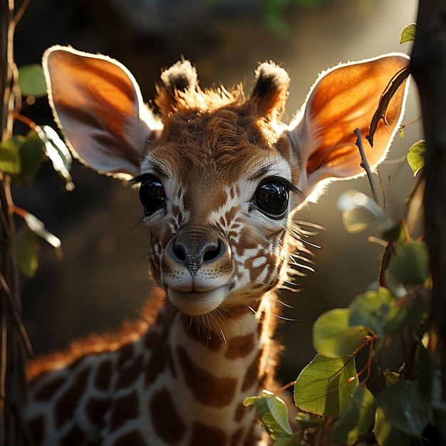La testa di una giraffa è mostrata su un albero.