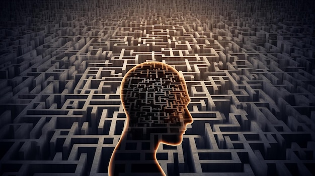 La testa di una persona è circondata da labirinti e le parole mente sono visibili.