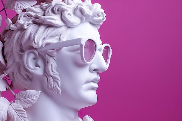 La testa di una statua mitologica bianca con occhiali rosa alla moda sugli occhi incornicia nel profilo AI Generative