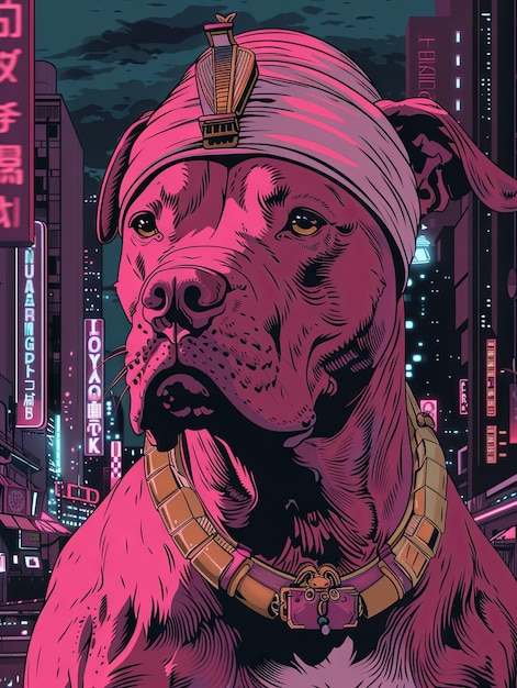 la testa e le spalle di un cane pitbull marrone in una città cyberpunk lo sfondo è uno stile a polpa dura viola scura e nera