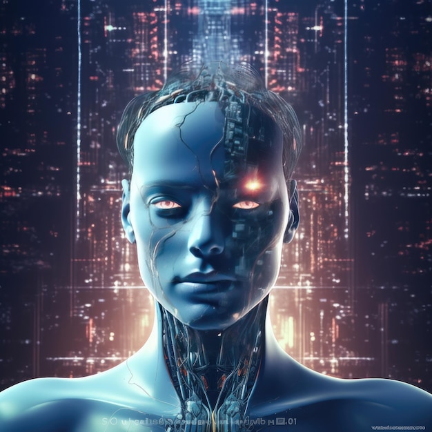 La testa umana utilizzata per il futuro aumenta l'intelligenza artificiale nella singolarità tecnologica utilizzando il deep learning Generative Ai