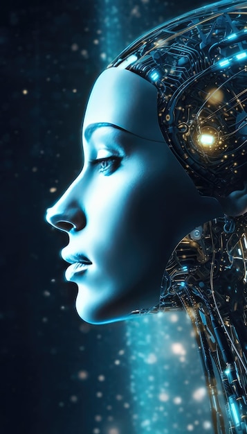 La testa umana utilizzata per il futuro aumenta l'intelligenza artificiale nella singolarità tecnologica utilizzando il deep learning Generative Ai