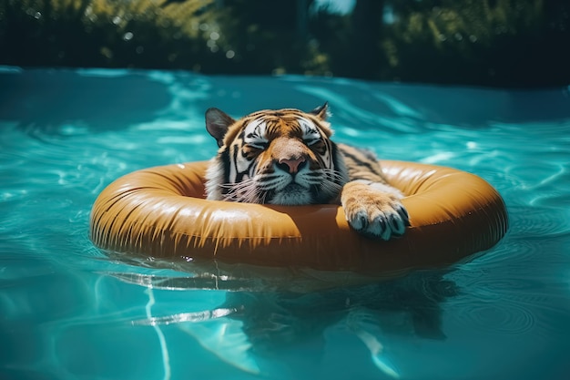 La tigre a strisce si rilassa nella piscina nuotando sul cerchio giallo gonfiabile Vacanza in hotel tutto compreso