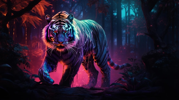 La tigre cammina attraverso l'immagine dell'illustrazione della luce al neon della foresta Arte generata da Ai