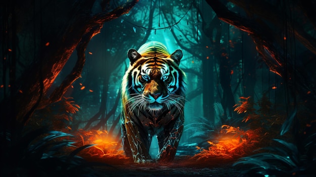 La tigre cammina attraverso l'immagine dell'illustrazione della luce al neon della foresta Arte generata da Ai
