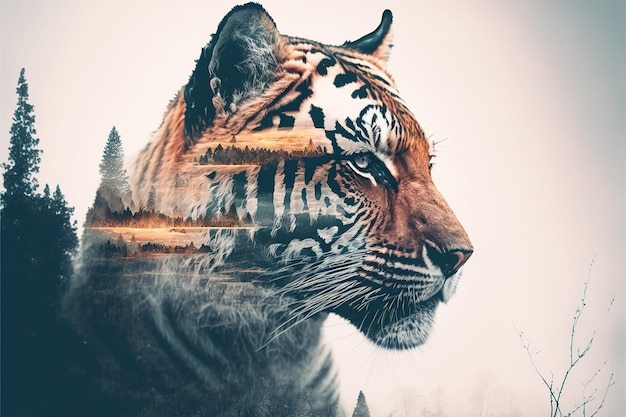 La tigre del Bengala a strisce in doppia esposizione fonde la sua testa con uno sfondo superbo