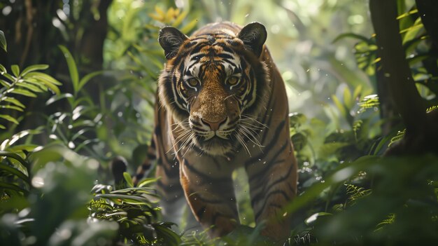 La tigre del Bengala cammina attraverso una fitta foresta mescolandosi alla lussureggiante vegetazione