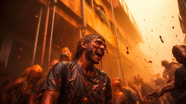 La Tomatina Spagna Un festival unico a Bunol Spagna che prevede un'enorme battaglia per i pomodori I partecipanti si lanciano i pomodori a vicenda Rende il lavoro divertente e impegnativo