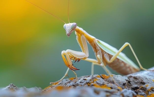 La tonalità dorata illumina la mantis in posizione difensiva