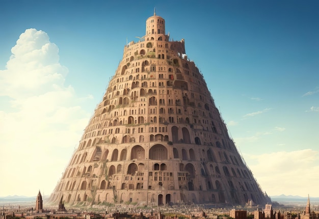 La Torre di Babele con una moltitudine di persone a