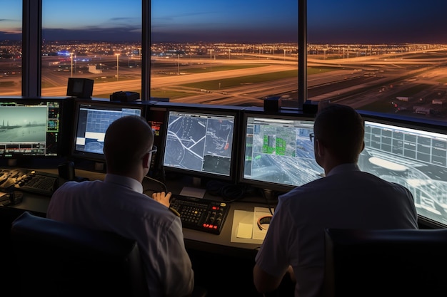 La torre di controllo del traffico aereo in un aeroporto internazionale durante il decollo di aerei passeggeri