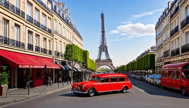 La Torre Eiffel artistica di Parigi, in Francia, vista dalla strada con una limousine rossa retro