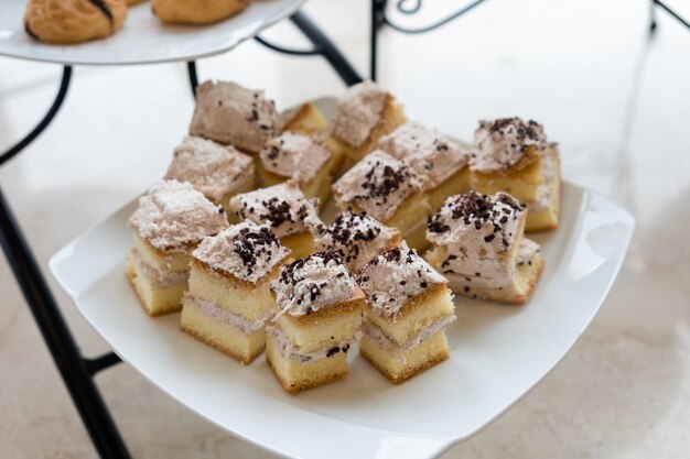 La torta a strati cuoce la crema con il cioccolato sul piatto bianco