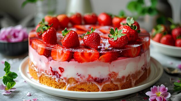 La torta alle fragole è decorata con fragole