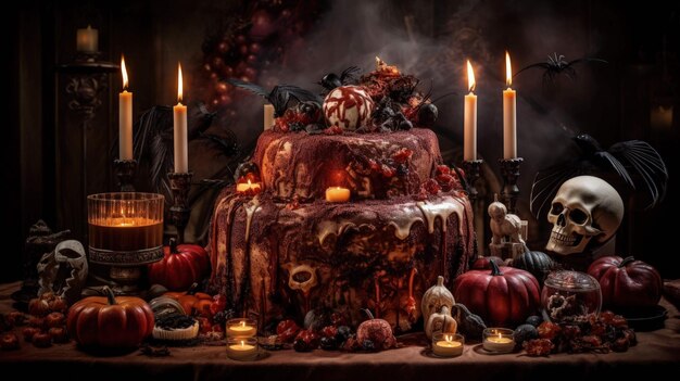 la torta di halloween un horror culinario con teschi di zucche e candele Ai Generated