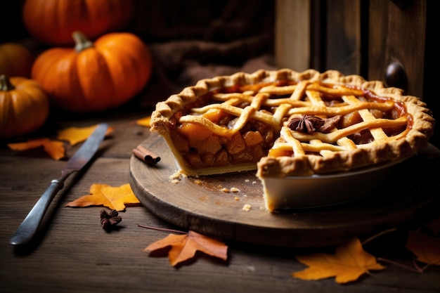 La torta di zucca tagliata che rivela un ricco ripieno speziato dorato è elegantemente servita su un tavolo di legno rustico