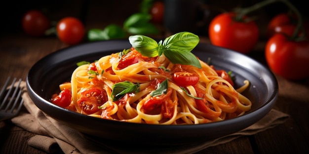 La tradizionale pasta italiana di linguine con pomodoro e basilico è isolata su una ba bianca AI generativa