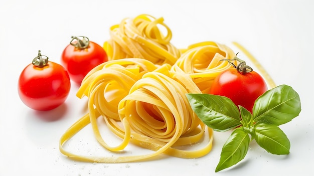 La tradizionale pasta linguini italiana con pomodori e basilico è isolata su un ba bianco Generative AI