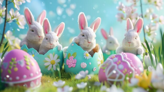 La tradizione della caccia alle uova di Pasqua prende vita in questa carta di auguri 3D. Dolci conigli sono nascosti all'interno di uova splendidamente dipinte.