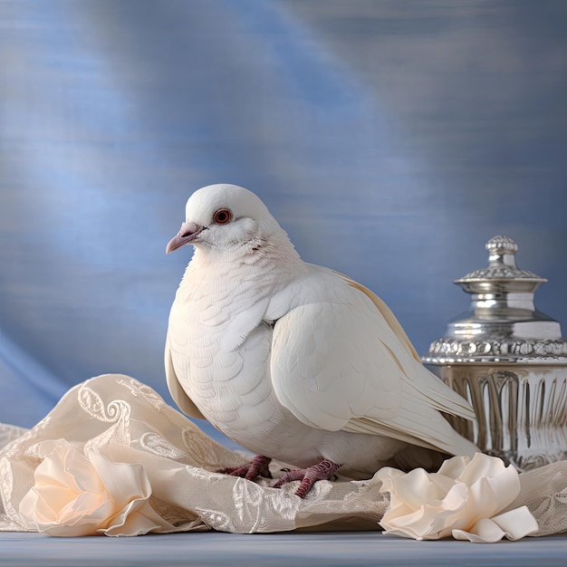 La tranquilla colomba riposa su uno sfondo bianco e morbido