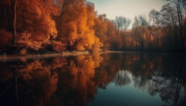 La tranquilla foresta autunnale riflette colori vivaci nel tranquillo lago generato dall'intelligenza artificiale