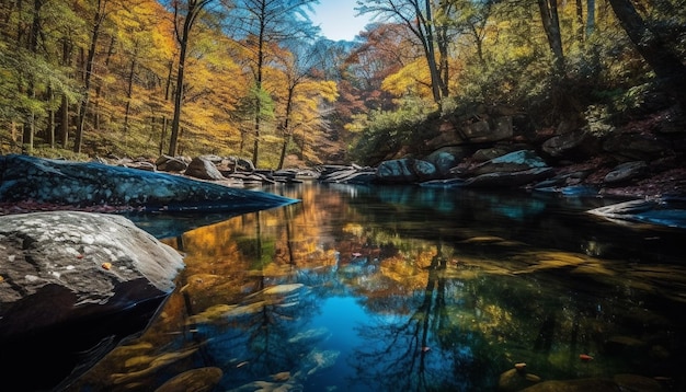 La tranquilla foresta autunnale riflette la bellezza della montagna multicolore generata dall'intelligenza artificiale