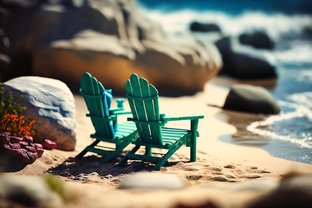 La tranquilla spiaggia adornata con invitanti sedie evoca l'essenza della beatitudine estiva ispirando voglia di viaggiare e piacevoli fughe