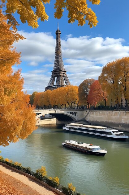 La tranquillità autunnale La Senna e la Torre Eiffel abbracciano la bellezza autunnale