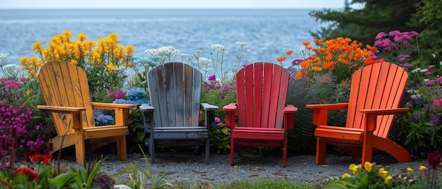 La tranquillità tra le fiori delle sedie Adirondack nel giardino di fiori dell'isola di Mackinac