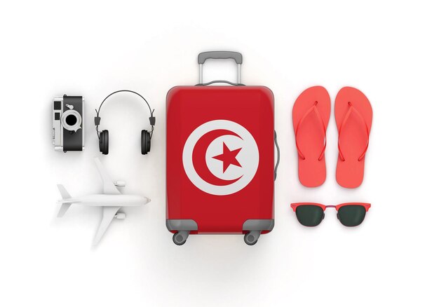 La valigia della bandiera della Tunisia e gli accessori da viaggio posano il rendering piatto d