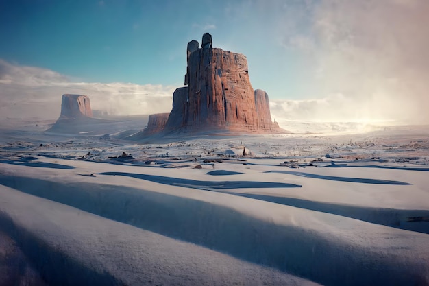 La valle del monumento ricoperta di neve e ghiaccio ha generato una rete neurale d'arte