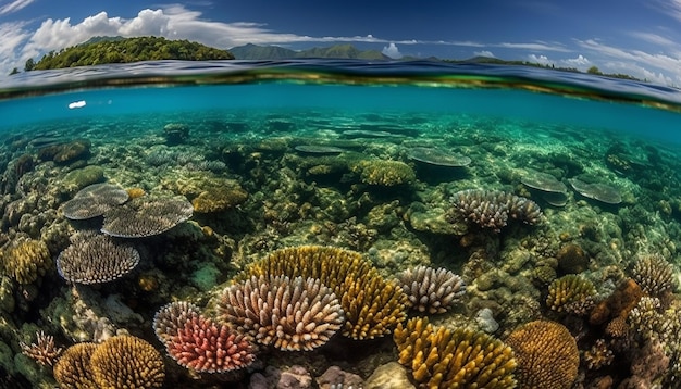 La variopinta vita marina prospera nell'idilliaco paesaggio sottomarino sotto la barriera corallina generato dall'intelligenza artificiale