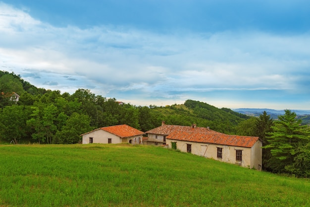 La vecchia casa abbandonata in decomposizione nella campagna dell'Italia sta stando sull'erba verde fra gli alberi.