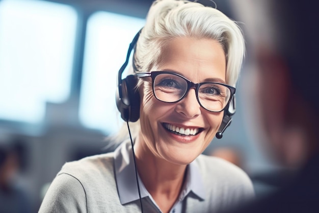 La vecchia donna d'affari in cuffia assiste felicemente i clienti tramite teleconferenza sul computer come una donna matura agente di call center operatrice di telemarketing in ufficio IA generativa