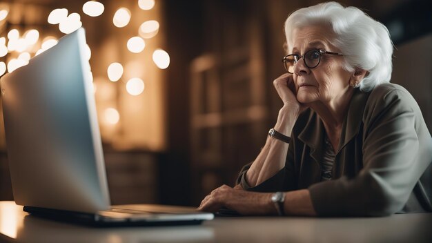 La vecchia seduta al computer non sa cosa fare con le lacrime agli occhi confuse e in preda al panico