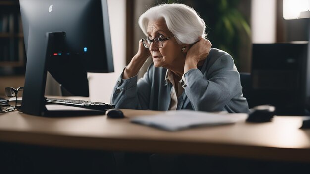 La vecchia seduta al computer non sa cosa fare con le lacrime agli occhi confuse e in preda al panico