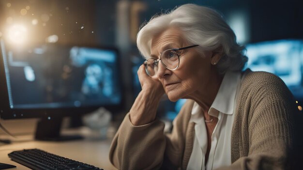 La vecchia seduta al computer non sa cosa fare con le lacrime agli occhi confuse e in preda al panico