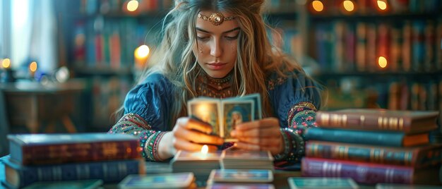 La veggente mistica una donna che scava nei segreti del Tarot nell'ombra