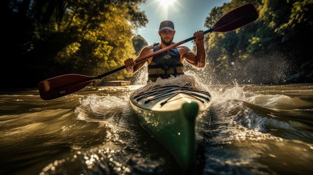 La velocità dei canoaisti attraverso gli alberi del fiume è sfocata