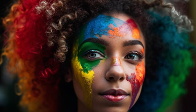 La vernice colorata per il viso mette in risalto la sua creatività generata dall'intelligenza artificiale
