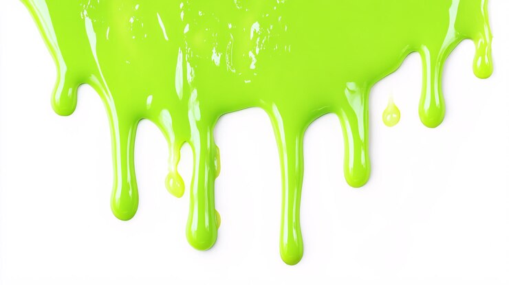 Foto la vernice verde neon che scende in cascata su una superficie bianca pulita